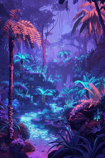 Artwork depicting a futuristic jungle with bioluminescent plants and trees