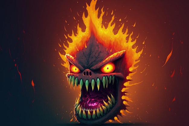 A artwork depicts a monsters head with bared teeth and flames