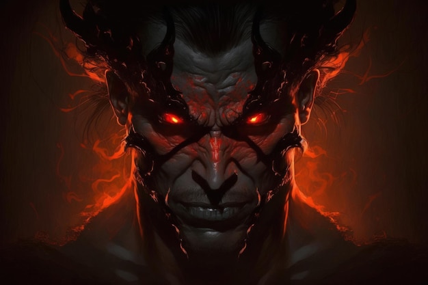 An artwork depicts the visage of a demon with glowing eyes in the shadows