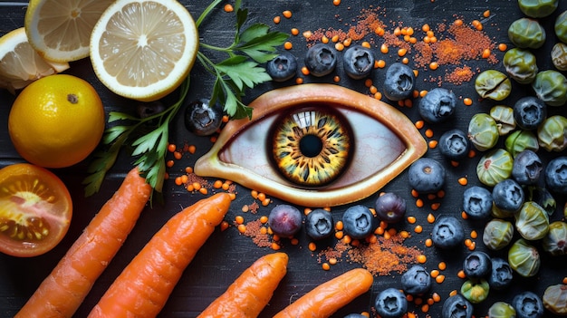 Photo artwork of an eye outline accompanied by visionsupporting foods like carrots and blueberries