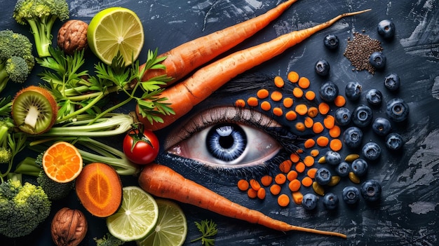 Artwork of an eye outline accompanied by visionsupporting foods like carrots and blueberries