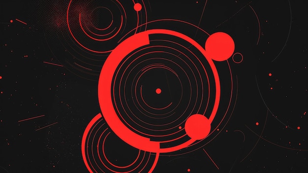 Photo the artwork features vibrant red abstract shapes resembling planets set against a dark backdrop aigm