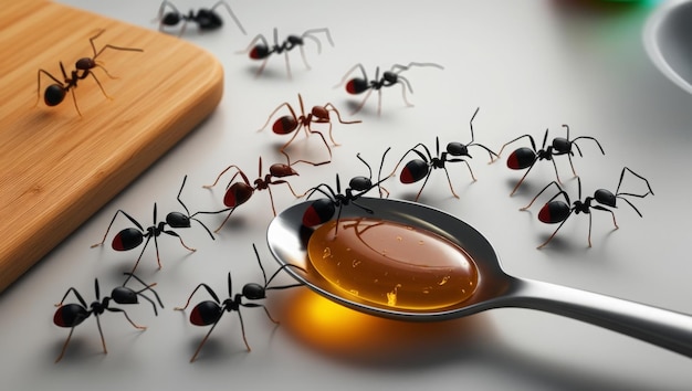 artwork graphic of several little black ants marching across a spoon on a kitchen counter