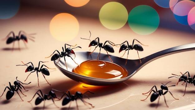 artwork graphic of several little black ants marching across a spoon on a kitchen counter