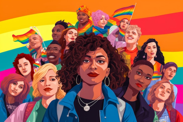 Artwork illustration vector banner or background depicting the lesbian community with diverse people