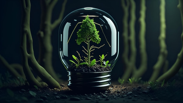 Artwork of lightbulb with growing tree inside on background of roots ecology concept generative ai