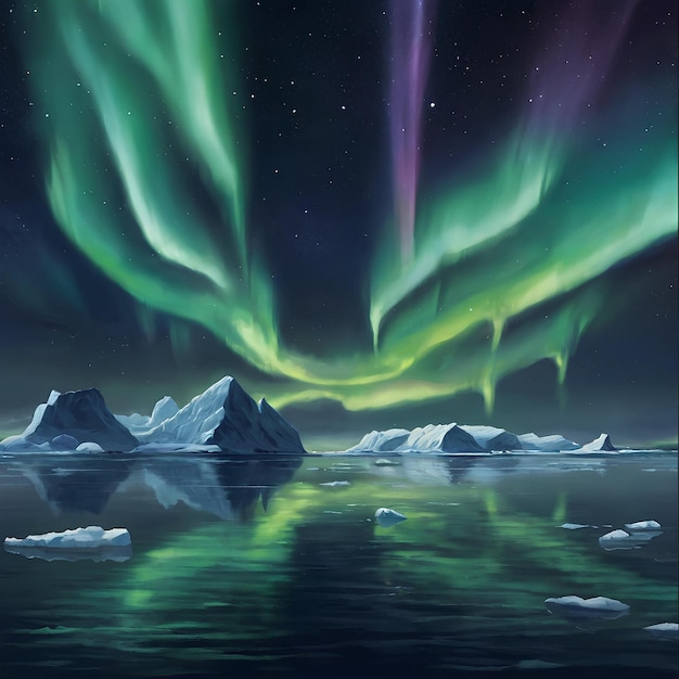 artwork showcasing and icebergs and the northern lights