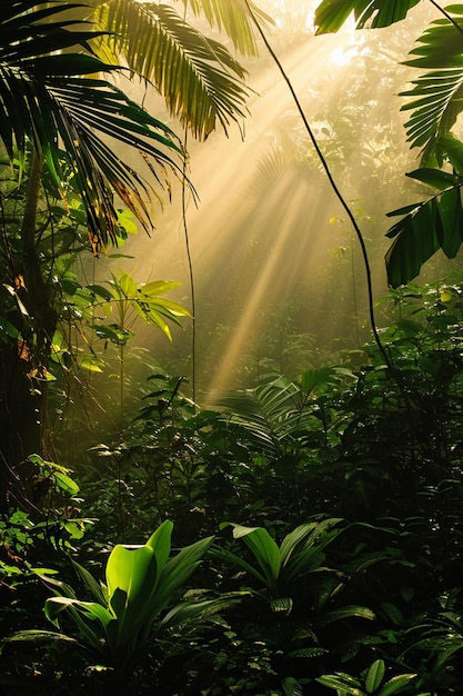 an artwork that portrays a dense jungle scene at dawn