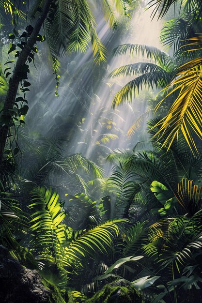 an artwork that portrays a dense jungle scene at dawn