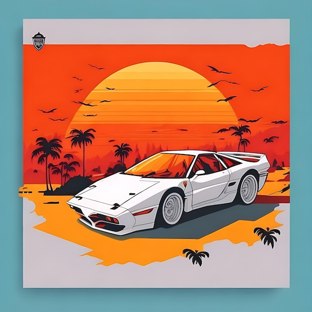 artwork of tshirt graphic design flat design of one retro Ferrari white Miami colorful shades