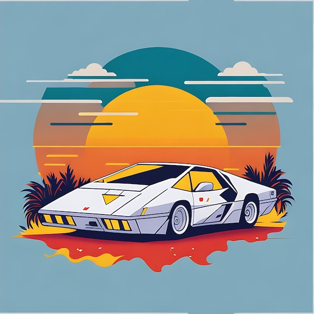 artwork of tshirt graphic design flat design of one retro Ferrari white Miami colorful shades