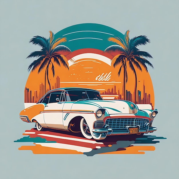 artwork of tshirt graphic design flat design of one retro Ferrari white Miami colorful shades