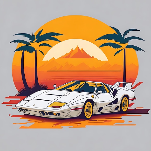 artwork of tshirt graphic design flat design of one retro Ferrari white Miami colorful shades