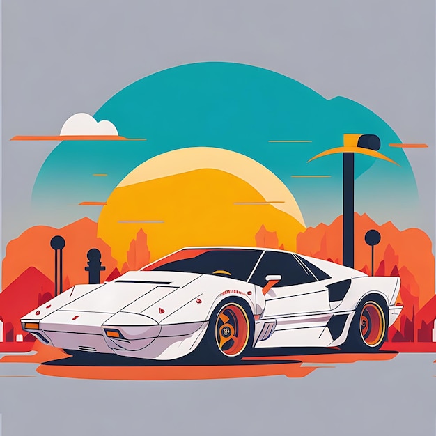 artwork of tshirt graphic design flat design of one retro Ferrari white Miami colorful shades