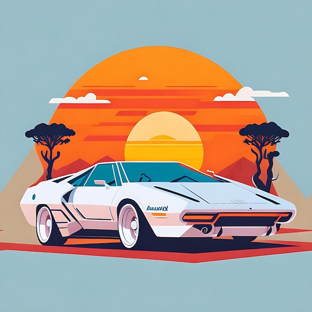 artwork of tshirt graphic design flat design of one retro Ferrari white Miami colorful shades