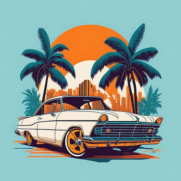 artwork of tshirt graphic design flat design of one retro Ferrari white Miami colorful shades