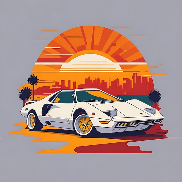 artwork of tshirt graphic design flat design of one retro Ferrari white Miami colorful shades