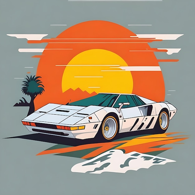 artwork of tshirt graphic design flat design of one retro Ferrari white Miami colorful shades