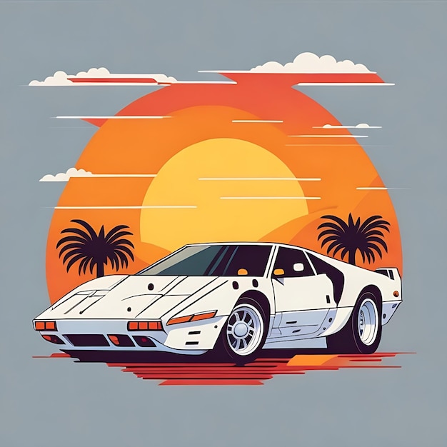 artwork of tshirt graphic design flat design of one retro Ferrari white Miami colorful shades