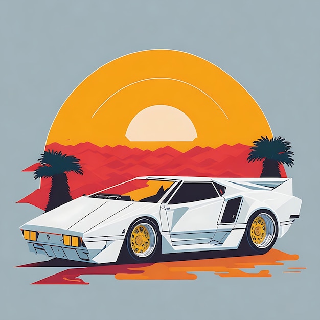 artwork of tshirt graphic design flat design of one retro Ferrari white Miami colorful shades