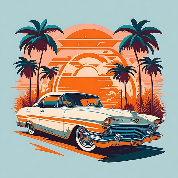 artwork of tshirt graphic design flat design of one retro Ferrari white Miami colorful shades