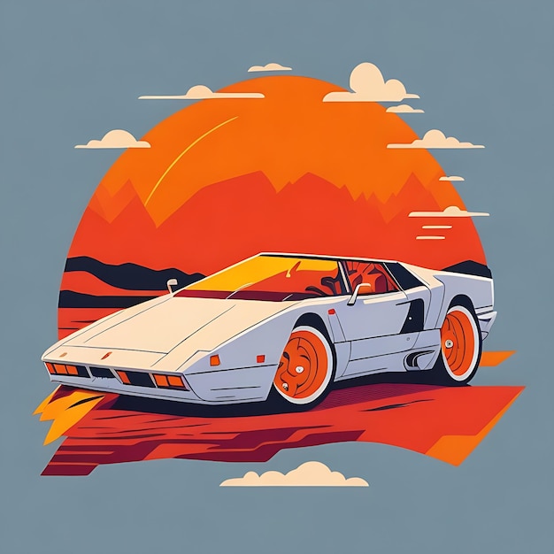 artwork of tshirt graphic design flat design of one retro Ferrari white Miami colorful shades