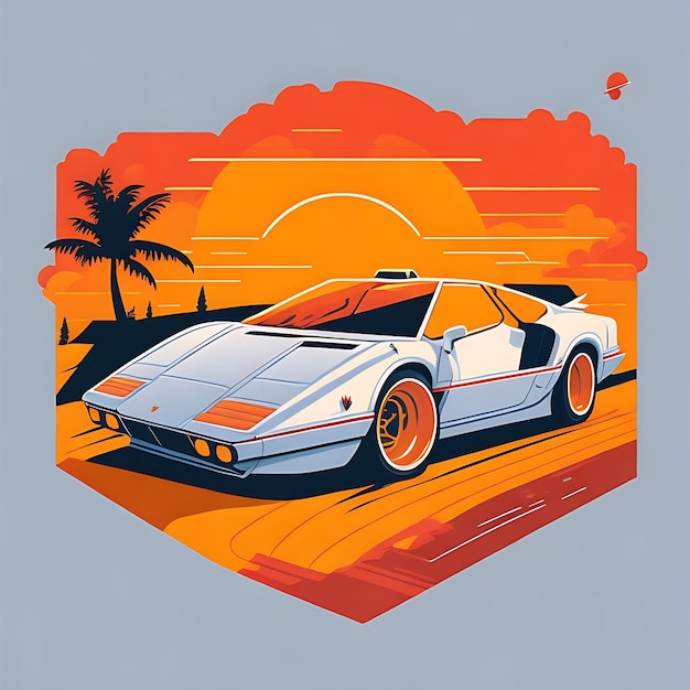 artwork of tshirt graphic design flat design of one retro Ferrari white Miami colorful shades