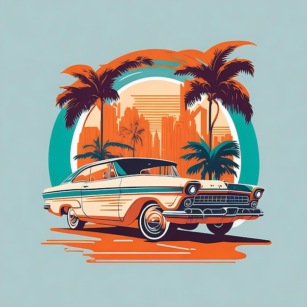 artwork of tshirt graphic design flat design of one retro Ferrari white Miami colorful shades