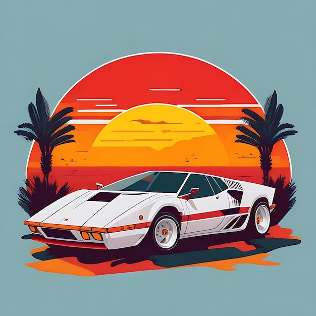 artwork of tshirt graphic design flat design of one retro Ferrari white Miami colorful shades