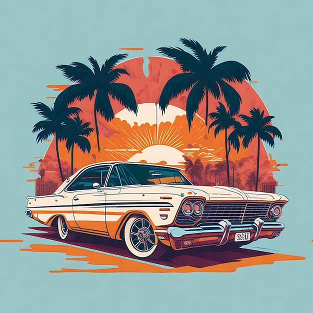 artwork of tshirt graphic design flat design of one retro Ferrari white Miami colorful shades