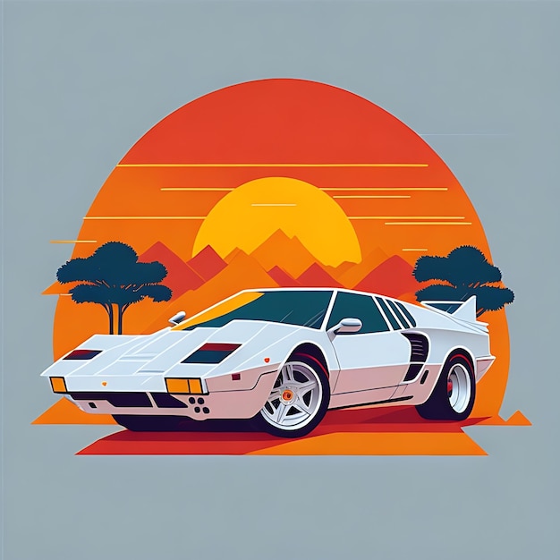 artwork of tshirt graphic design flat design of one retro Ferrari white Miami colorful shades