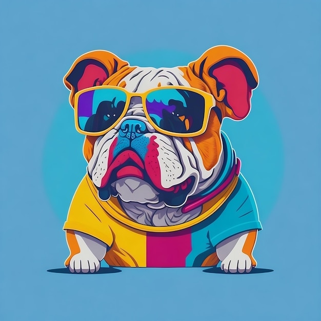 Artwork of tshirt graphic design flat illustration of one retro cute bulldog wearing a sunglasses