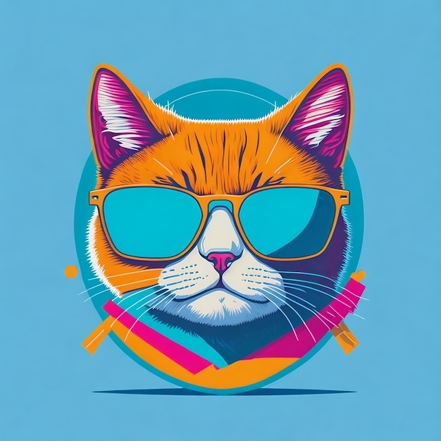 Artwork of tshirt graphic design flat illustration of one retro cute cat wearing a sunglasses