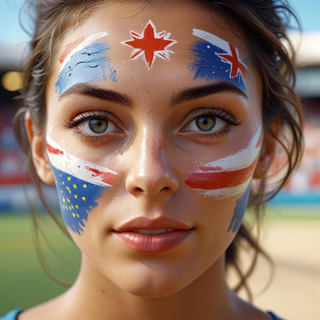 Photo aruban woman from aruba wearing national flag facepaint at sports event