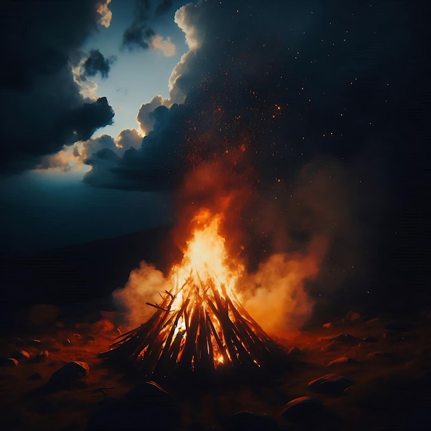 As darkness envelops the night a crackling bonfire emerges casting an enchanting glow of orange and yellow flames against the backdrop of the darkened sky