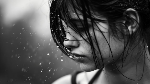 As the droplets slide down her neck they leave a trail of coolness in their wake