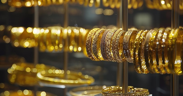 As jewelry a plethora of gold bracelets rotate on stands Generative AI