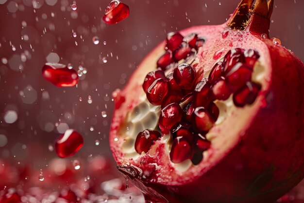 Photo as the pomegranate is split open its juicy seeds spill out