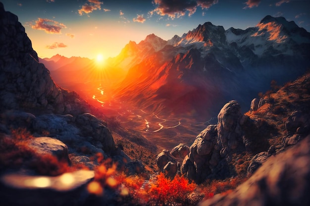 As the sun descends vibrant hues dance across the mountain landscape