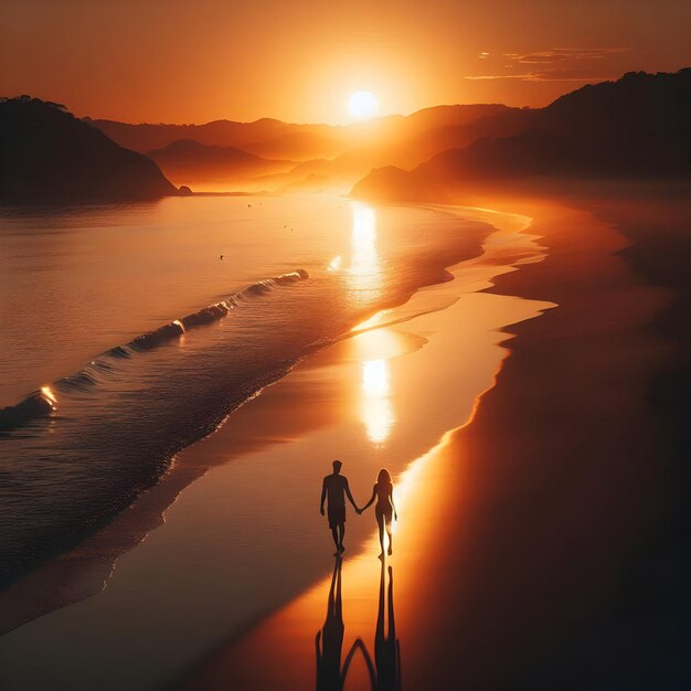 Photo as the sun dips below the horizon casting a warm golden glow over the tranquil beach couples stro