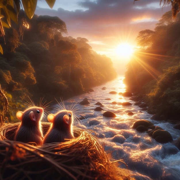 As the sun rises over the horizon two tiny mice peek out from their hidden nest