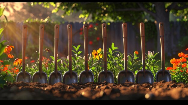 As the sun sets on the cartoon garden all the shovels are lined up in a row performing a