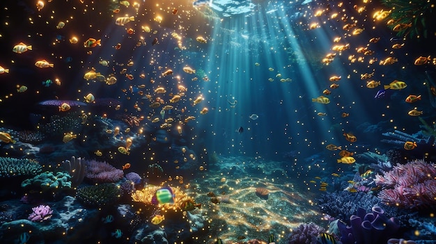 As the sun sets on the coral reef digital fireflies emerge and begin to illuminate the dark waters a