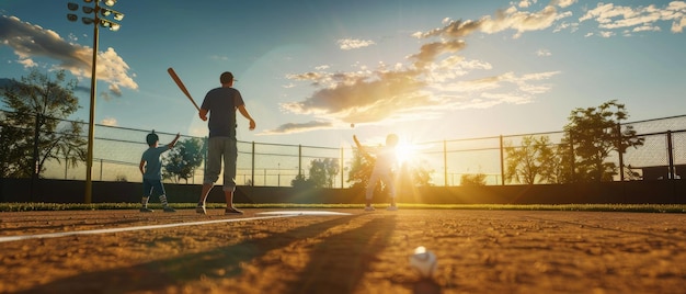 As the sun sets a family enjoys an afternoon of baseball practice with the warm light creating a serene and nostalgic summer moment