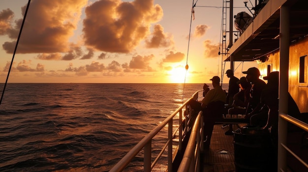 As the sun sets on the horizon the crew gathers on deck to relax and enjoy the beautiful view