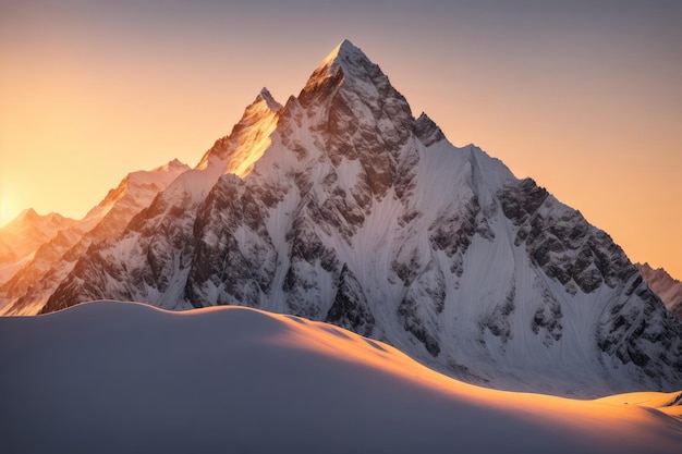 As the sun sets in Nepal an orange glow lights up the snowcapped rocky Himalayan mountains ai generative