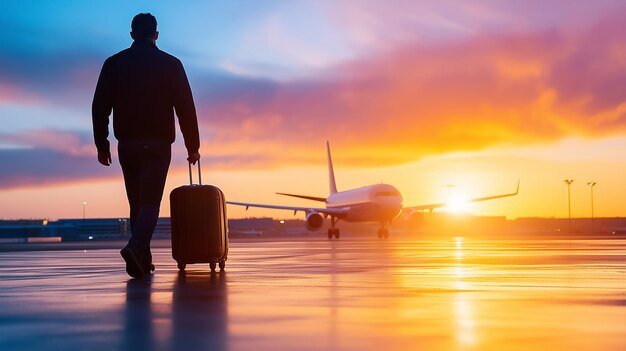 Photo as the sun sets a traveler walks towards a waiting airplane pulling a suitcase along the airport tarmac ready to embark on a longawaited vacation adventure