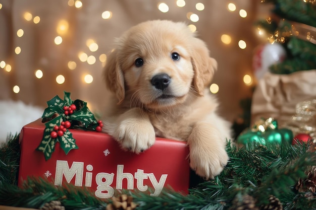 As a surprise present there is a tiny golden retriever puppy dog under the Christmas tree His surroundings include gifts decorations and holiday lights