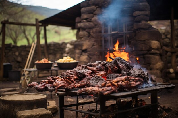 Photo asado with a warm smoke yummy delicious asado food photography