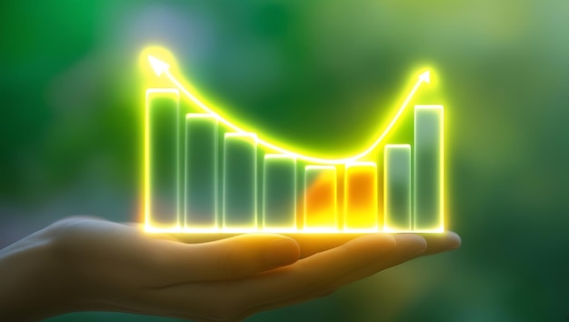 Photo ascending bar graph with yellow arrow indicating growth on bokeh background business success concep